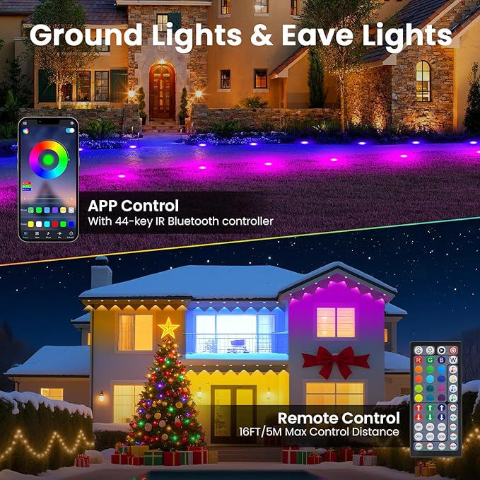 Outdoor Ground Lights 200 FT, Permanent Outdoor Lights for House with RGB Color Changing, Bluetooth Music Sync, IP67 Waterproof, Timer, for Eaves and Landscape Outdoor Lights.