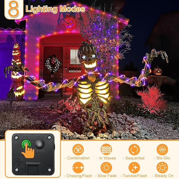 33FT 135 LED Solar Rope Lights Outdoor Waterproof, Purple and Orange Solar String Lights for Outside, 8 Modes Solar Powered Fairy Light for Party Garden Yard Fence Holiday Decorations