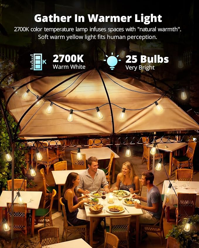 Outdoor String Lights 50FT, Patio Lights Outdoor Waterproof with 27 Bulbs | Shatterproof,Edison Outside Lights,Plug-In,2700K Dimmable, Connectable, Hanging Light for Porch Garden Backyard Deck Balcony