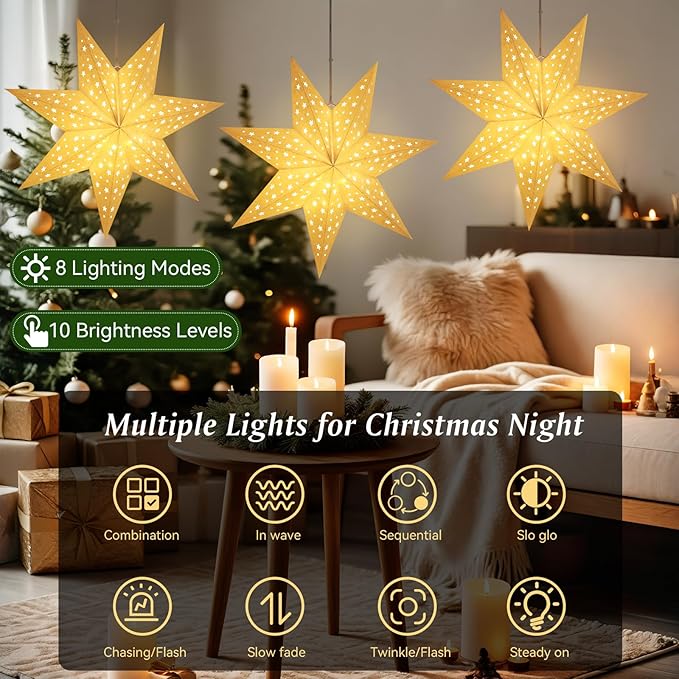 Lewondr Christmas Paper Star Lantern 3 Pack, Hanging 7-Pointed Star Lights with Hollowed Stars, LED Paper Lanterns with 6H Timer for Holiday Home Decoration, with Remote Control, Warm Light