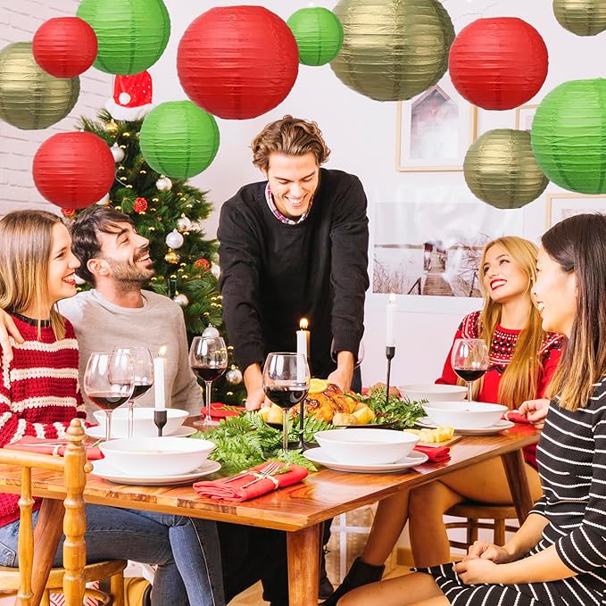 Green Red Gold Paper Lanterns 12 Pcs Assorted size of 6" 8" 10" 12" Chinese Round Christmas Paper Hanging Decorations Lanterns Lamps for Italian Party Mexico Party Graduation Christmas