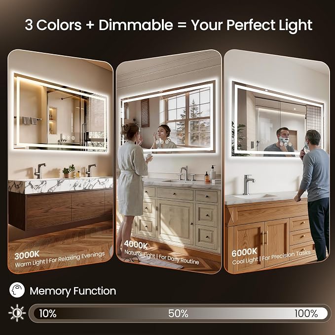 60x36 LED Bathroom Mirror with Anti-Fog, Backlit & Front Lit, Memory | Stepless Dimmable 3 Color CRI 95+ Shatterproof Tempered Glass ETL Listed for Safety Lighted Bathroom Vanity Mirror for Wall