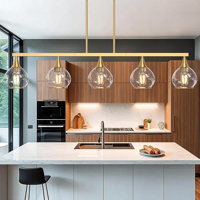 Kitchen Island Linear Pendant Light, 5-Light Gold Dining Room Chandelier with Clear Glass Globe Shades, Modern Linear Lighting Fixture Over Table
