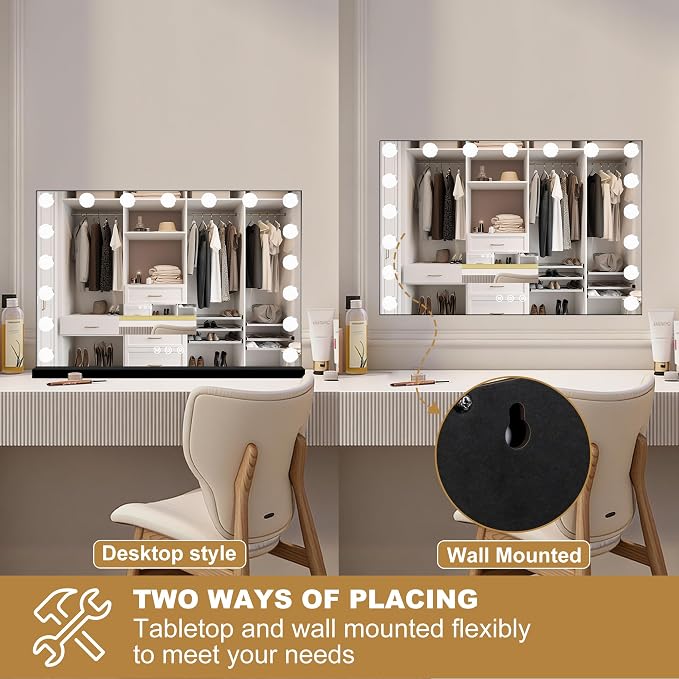 Moonee Vanity Mirror with Lights, Black Hollywood Lighted Makeup Mirror with 17 Dimmable Bulbs and 10X Magnification, 3 Colors Modes, Aluminum Metal Frame, Light Up Mirror for Tabletop/Wall（28" x 20"）