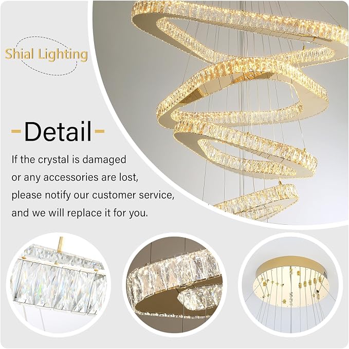 Large Modern Chandeliers 5 Ring Chandelier for High Ceiling Dimmable Gold Chandeliers High Ceiling Foyer Chandelier for Living Room Dining Room Staircase