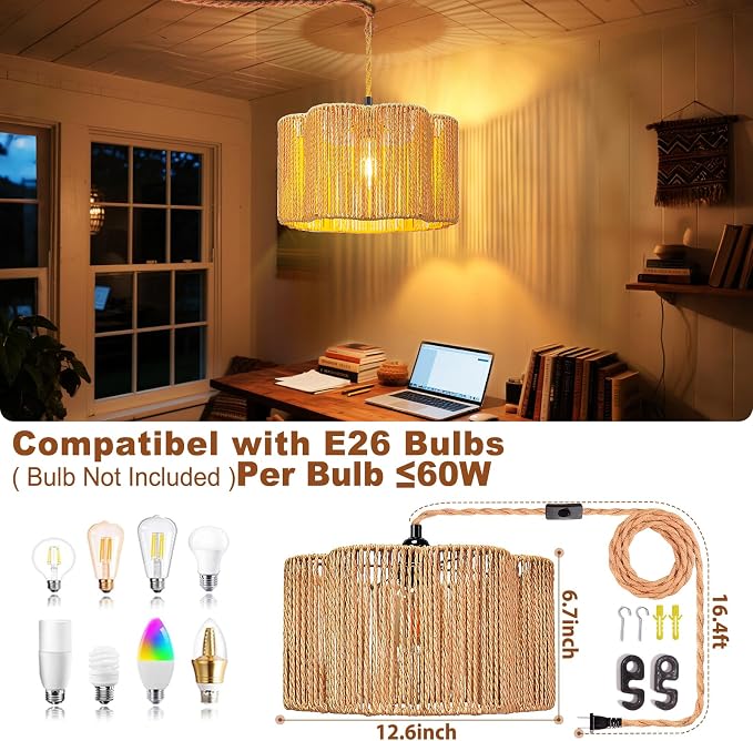 Hanging Lamps Rattan Pendant Light Hanging Lights 16.4ft Plug in Cord Pendant Light Fixture Plug Into Wall Outlet Pendant Lighting with On Off Switch for Bedroom Living (Cylindrical Flower Shade)