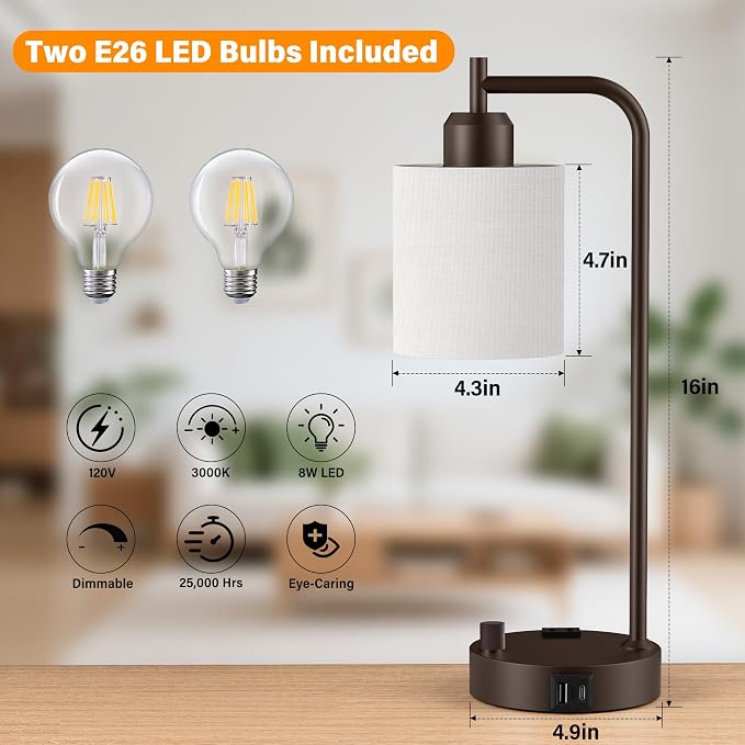 Industrial Table Lamps with Linen Shade, Set of 2 Fully Dimmable Bedside Lamps with USB A+C Ports and Outlet, Brown Nightstand Desk Lamps for Bedrooms Living Room Office, 2 LED Bulbs Included