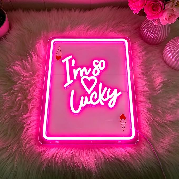 Neon Sign, Lucky Neon Signs for Wall Decor LED Signs Neon Light | Lucky Poker Neon Signs, Pink "I'm so Lucky" LED Light for Bedroom, Wedding, Cafe, Party, Home Decor, Pink Decor, USB Powered