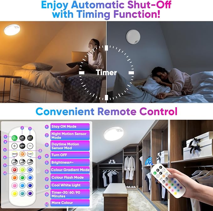 Rechargeable Motion Sensor Ceiling Light, 12000mAh RGB Battery Closet Light | Wireless Battery Powered LED Shower Light, Magnetic Cordless Ceiling Light with Remote, Overhead Lamp for Pantry Shed, 2-Pack