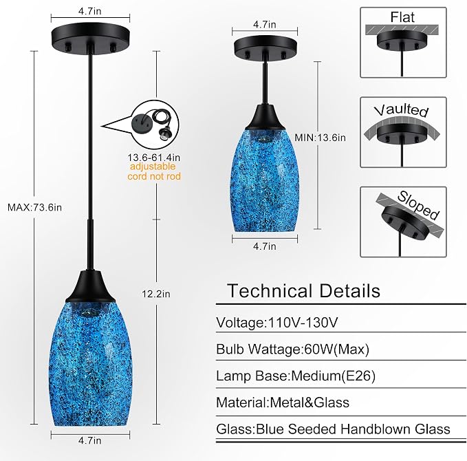 Viinew Mini Glass Pendant Light 3-Pack Dark Blue Seeded Hanging Light | Handblown Dark Blue Marble Art Glass Shade Ceiling Light 4.72" Hanging Pendant Light for Kitchen Island,Dining Room