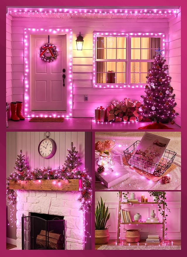 Pink Fairy Lights Plug in, 33Ft 100 LEDs Waterproof Silver Wire Firefly Valentine's Lights, Adaptor Included, Starry String Lights for Wedding Indoor Outdoor Patio Garden Valentine's Day Decoration
