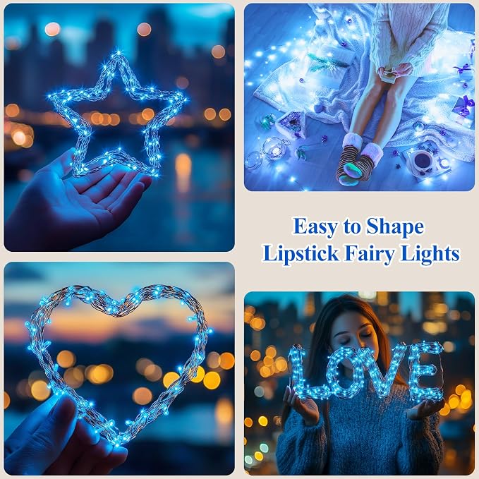 32FT(16×2) Blue Fairy Lights, Rechargeable Battery Operated LED String Lights with Timer, 8 Modes Waterproof Mini Twinkle Lights for Bedroom Christmas Wedding Centerpiece Table Decor