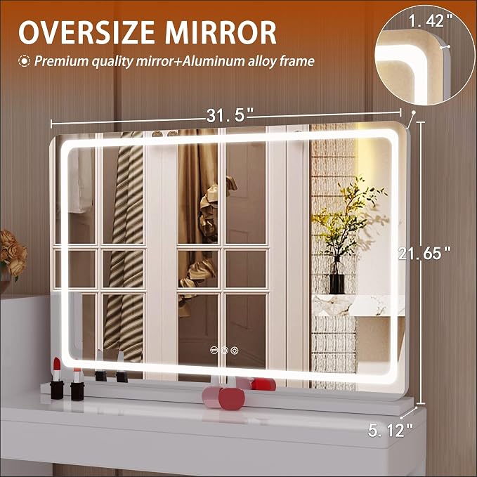 Hasipu Vanity Mirror with Lights, 31.5" x 22" LED Makeup Mirror, Lighted Makeup Mirror with Dimmable 3 Modes, Touch Screen Control Vanity Mirror Round White