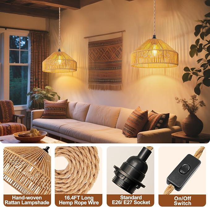Maliralt Hanging Lamps Rattan Pendant Light Hanging Lights 16.4ft Plug in Cord Pendant Light Fixture Plug Into Wall Outlet Pendant Lighting with On Off Switch for Bedroom Living (Mongolian Yurt)