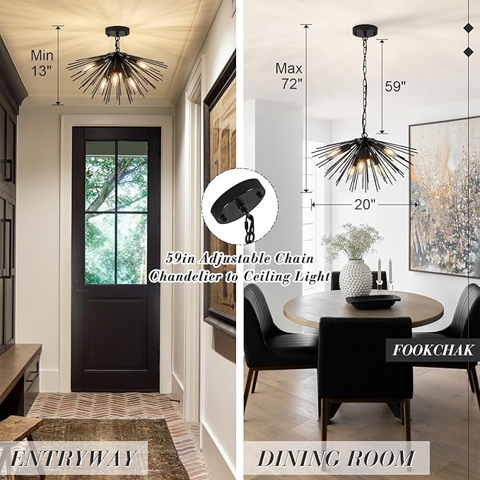 Black Sputnik Ceiling Light Fixture 6-Light Starburst Chandelier Ceiling Light Mid-Century Modern Satellite Chandelier Solid Metal Urchin Chandeliers for Entry Dining Room Kitchen Sink