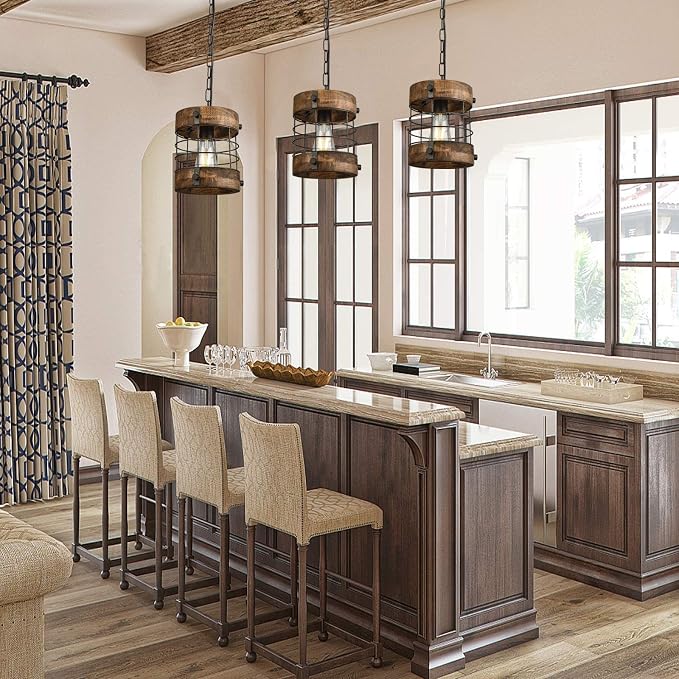Retro Industrial Metal and Wood Farmhouse Chandeliers, 1-Light Round Cage Pendant Light Fixtures for Farmhouse Kitchen Island Foyer Hallway Bar Dining Room Restaurant, Brown, 2 Pack