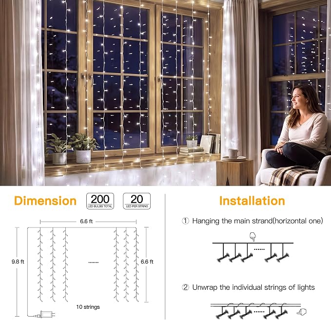 Ollny Curtain Lights 6.6x6.6ft, Plug in String Lights for Indoor Bedroom, 200 LED Connectable Fairy Light with Remote Timer 8 Modes, Waterproof Christmas Light for Outdoor Wedding, Cool White