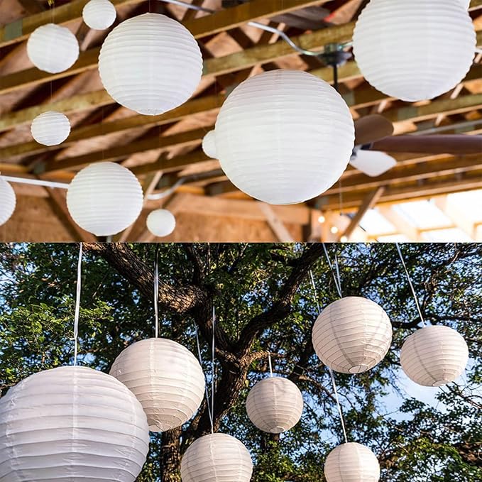 Hanging Paper Lanterns Decorative, White Chinese Paper Lanterns Ceiling Party Decorations with 16 LED Lights for Baby Shower Wedding Anniversarie Graduation Engagement Valentine's Day, Pack of 16