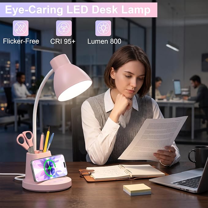 10W Wireless Charging LED Desk Lamp with Pen Holder, CRI 95, Pink | 800LM, 3 Modes, 360°Flexible Arm, Touch, Brightness, Table Lamp for Home Office, Dorm, Bedside, Study, Reading, with Adapter