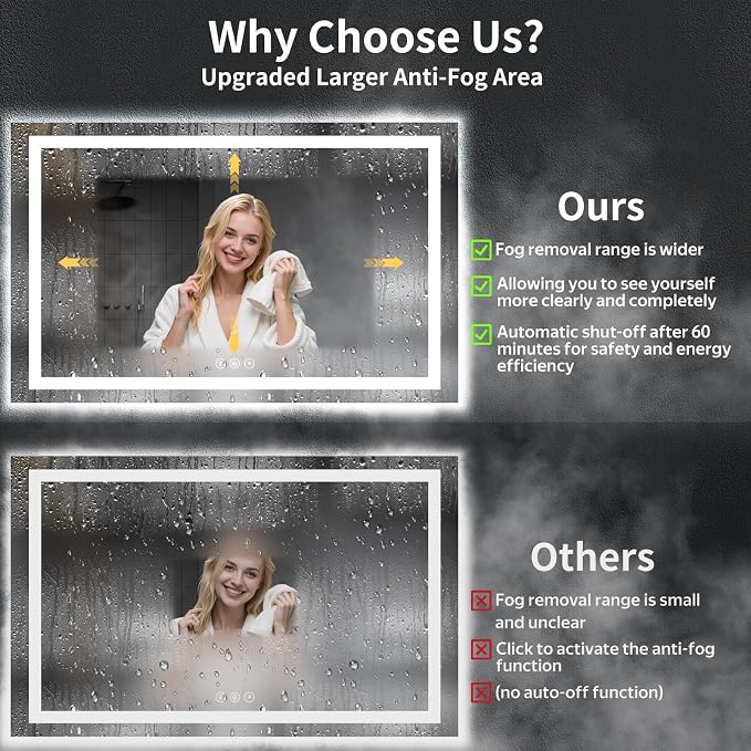 60"x36" LED Bathroom Mirror with Lights, Backlit+Frontlit, Anti-Fog | CRI 95, Stepless Dimmable, 3 Colors Lighting, Shatterproof Tempered Glass, HD Reflection, Memory, (Horizontal/Vertical)