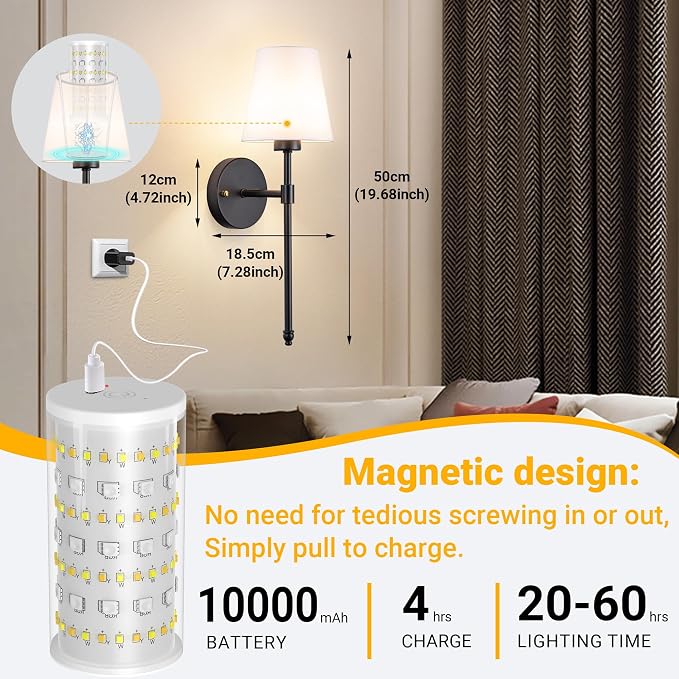 Vimhou Peel and Stick Wall Sconces, Stick On Wall Sconce Set of 2, Battery Operated Wireless Wall Light, No Drill Adhesive Wall Lamp, Corn Bulb with 10000mAh Rechargeable Battery, Bedroom Wall Decor