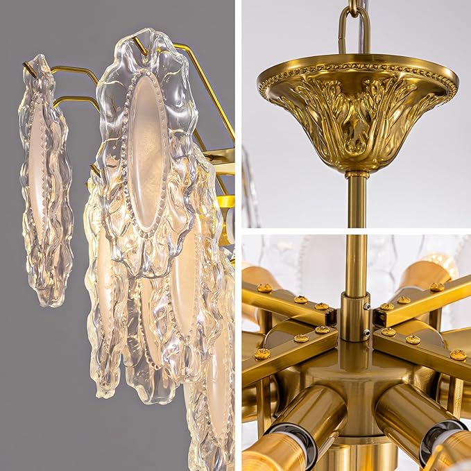 7PM Modern Gold Glass Chandelier, 5-Layer Antique Crystal Chandeliers 12 Light Round Pendant Ceiling Fixture 59" Hanging Adjustable Chain for Foyer, Living Room, Bedroom, Dining Room 27.5 inch