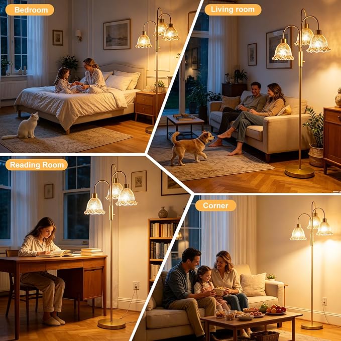 Lightdot 3-Light Glass Floor Lamp for Living Room, 70" Gold Dimmable Standing Tall Lamp with Amber Ribbed Glass Shades &3PCS 3000K Warm White Bulbs, Modern Tree Pole Lamp for Bedroom Home Decor