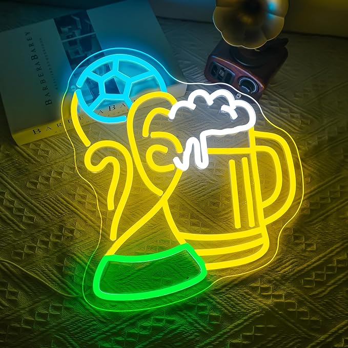 Soccer Beer Neon Sign, Dimmable Football LED Neon Light for Fans, Sports Themed Neon Light Signs for Man Cave Boys Teen Home Bedroom Playroom College Dorm Club Birthday Party Decor