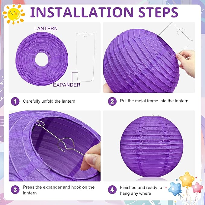 16 Pcs Paper Lanterns Hanging Round Purple Paper Lantern Decorative 6" 8” 10”12" Four Colors Chinese Lanterns for Birthday Wedding Party Decoration Baby Showers Valentine Indoor Outdoor