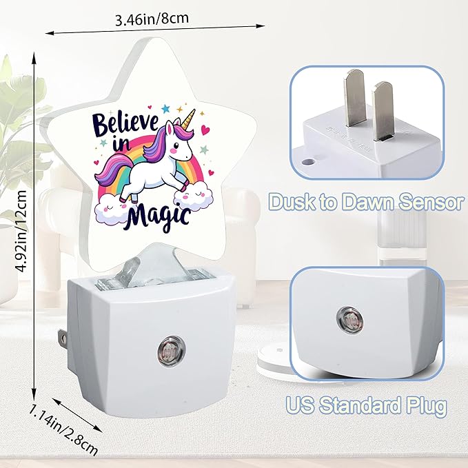 Unicorn Rainbow Dusk to Dawn Star Night Light,Believe in Magic Smart Sensor Nightlight for Bedroom Kitchen Hallway Stairs,Plug-in Energy Efficient Decor Desk Lamp Women Men Gifts