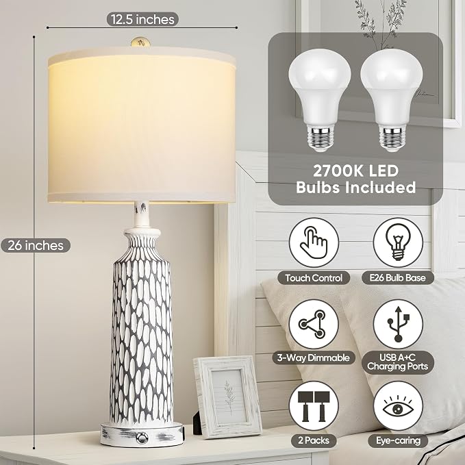QiMH 26" Table Lamps Set of 2, Modern Bedside Lamps with USB A+C Ports, 3-Way Dimmable Touch Control & White Shade, Coastal White Gray Nightstand Lamp for Living Room Bedroom, Included 2700K LED Bulbs | USB A+C Ports, 3-Way Dimmable Touch Control, Line...