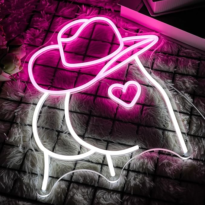 Cowboy Hat Neon Sign Buttocks LED Sign for Wall Decor USB Powered Pink White Sexy Neon Light for Gameroom, Bedroom, Livingroom, Bar, Office, Beer Bar (16.5 x13 inch)