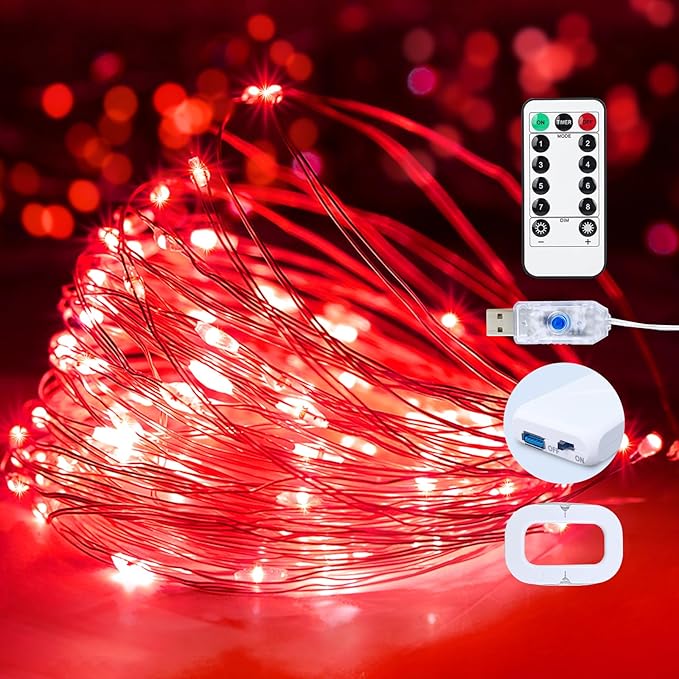 1Pack USB Plug in Fairy String Lights,16ft 50 LED Copper with Remote and Timer, 8 Modes Waterproof Twinkle String Lights Battery Powered for Bedroom Indoor Party Wedding Christmas Decoration (Red)