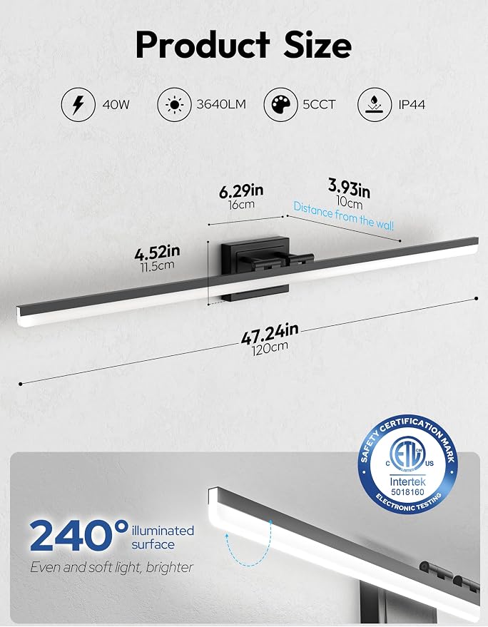 VOLISUN Modern Bathroom Vanity Light 48 inch, 40W Dimmable 5CCT Led Bathroom Light Fixture Over Mirror, Black Bar Vanity Light for Bathrooms Mirror Cabinets Bedroom
