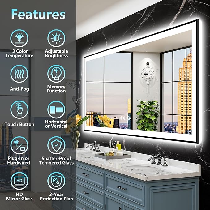 96x36 Black LED Bathroom Mirror, Backlit & Front Lit Lighted Mirror | Metal Framed Anti-Fog Vanity Mirror with Lights, 3 Color Dimmable, Memory, HD Tempered Glass, CRI95, UL Listed, Wall Mounted