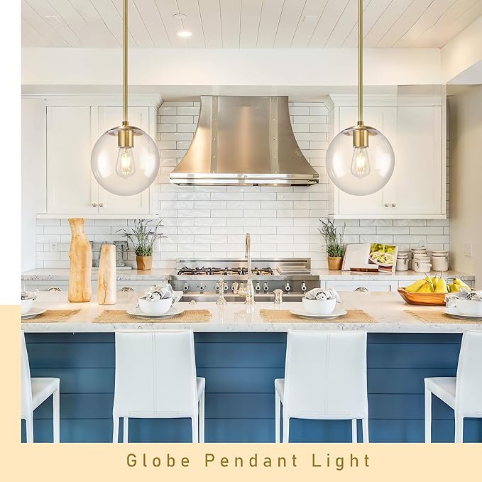 10" Globe Pendant Light Gold 2 Pack Mid Century Pendant Light Globe Pendant Lights Kitchen Island Brushed Brass Finished with Clear Glass Adjustable Ceiling Light Fixtures for Dining Room Bar