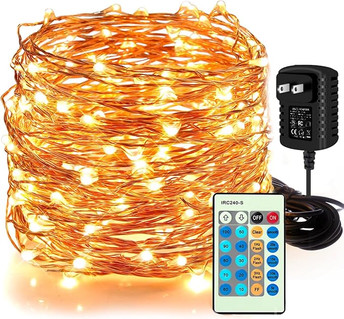 LED Decorative Fairy String Lights 66ft 200 LEDs Dimmable Outdoor/Indoor Starry String Lights, Warm White Copper Lights with Remote Control for Garden Room Patio Party Valentines Day Decor