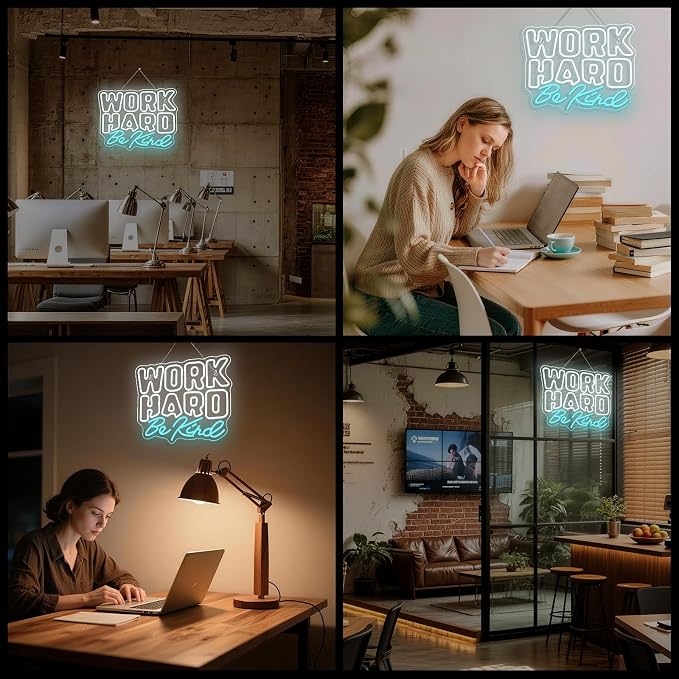 Work Hard Be Kind Neon Sign, Dimmable Neon Signs for Wall Decor, White Blue Neon Light Work Hard USB Led Sign for Office Study Room Classroom Bedroom Meeting Room Decoration