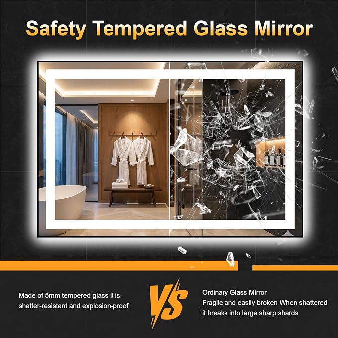 LED Bathroom Mirror with Light, 24x36 Vanity Mirror for Wall with Frame | Anti-Fog, Dimmable 3 Colors, Memory Function, Backlit and Front Lit, Shatter-Proof Glass, Plug-in/Hardwired