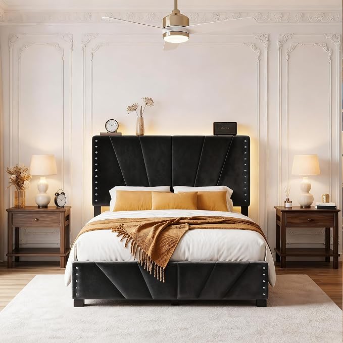 EnHomee Full Bed Frame with Adjustable Headboard,Charger & LED Lights,Black | Adjustable Velvet Headboard，Under-Bed Storage，Heavy Duty Support with 12 Slats，No Box Spring Needed，Easy Assembly for Bedroom