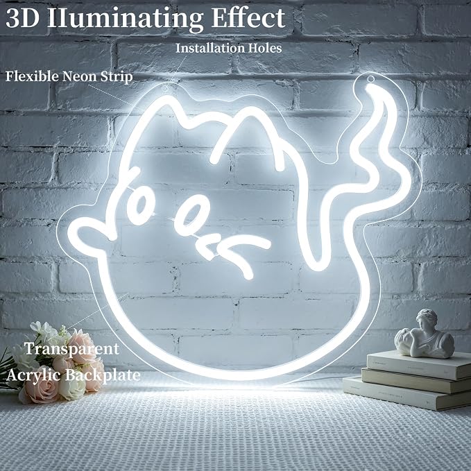 Cat Ghost Neon Sign Led Sign Neon Signs for Wall Decor Neon Lights | Cat Ghost Led Light Up Sign, White Room Decor, Boys Girls Gift, Party, Halloween Wall Decor, 5V USB Powered