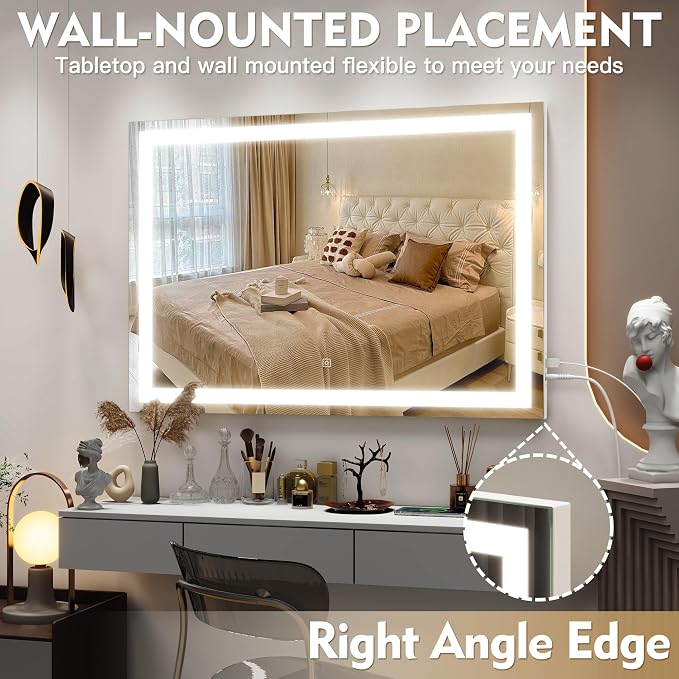 ROLOVE Vanity Mirror with Lights, 32" x 22" Large Lighted Vanity Mirror with Dimmable 3 Modes, LED Makeup Mirror, USB Charging Port, Tabletop or Wall-Mounted Square White