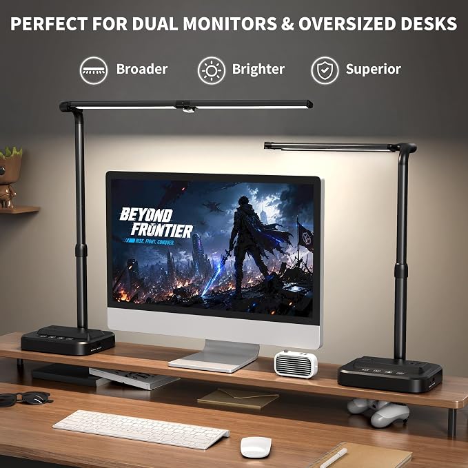 LED Desk Lamp, Ultra Wide Computer Light, Dimmable Desk Light with USB Fast Charging, Adjustable Foldable Eye Caring Office Desk Lamp for Monitor Work Gaming Home Study
