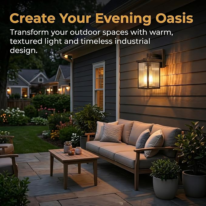 Black Brush Gold Porch Light, Waterproof Outdoor Wall Light | Corrosion-Resistant Metal, Waterproof, Textured Glass Cuts Glare, Easy DIY Install on Porch, Garage
