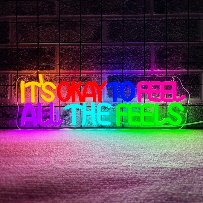 It's Okay To Feel All The Feels Neon Sign LED Wall Sign for Classroom Decor, Dimmable USB Powered Therapy Room Art Bedroom Classroom Backdrop Sign Gift for Teacher 15.7x5.5 Inch