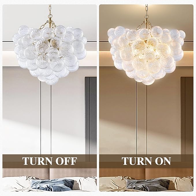 Gold Bubble Chandelier Lighting Dia 20" Swirled Clear Ribbed Hand Blown Glass Ball Chandeliers Hanging Decorative Light Fixture for Living Room Hallway Entryway Foyer Dining Room