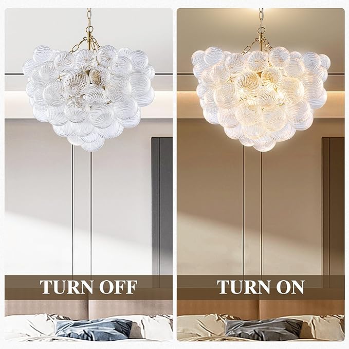 Bubble Glass Chandelier Pendant Lights Fixture Dia 24 inch Cluster Swirled Clear Blown Glass Ribbed Globe Decorative Lighting Fixture for Living Room Bedroom Dining Room Island