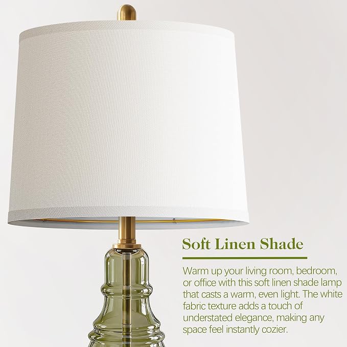 ROTTOGOON Glass Table Lamp Set of 2, Modern Table Lamps for Living Room Bedroom, Bedside Desk Lamps Vintage Nightstand Lamps with Linen Shades, 22", Green