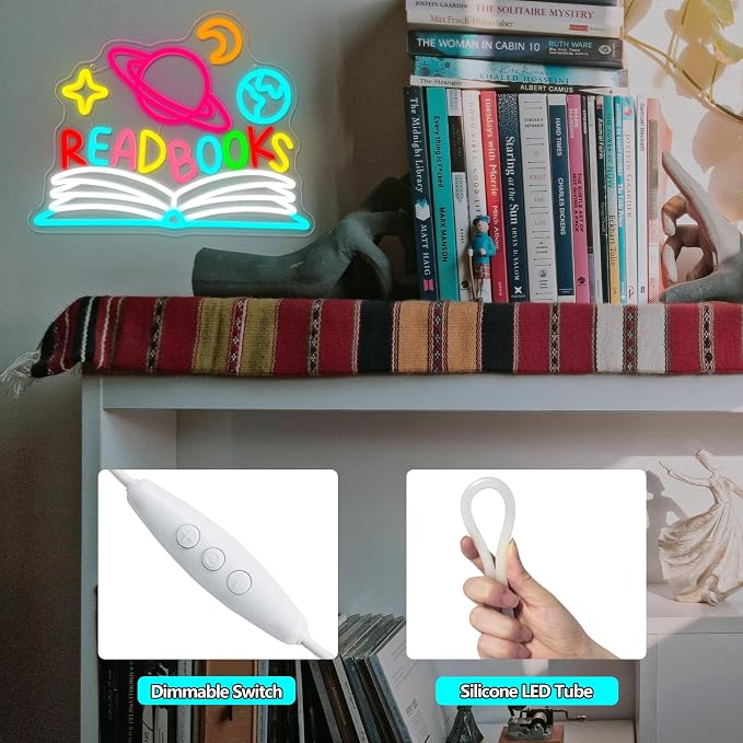Read Books Neon Sign Dimmable Planet and Book Neon Light for Wall Decor | USB Powered Read LED Neon Signs for Classroom Reading Room Bookstore Library Bedroom Study Room Bookish Decoration for Teens