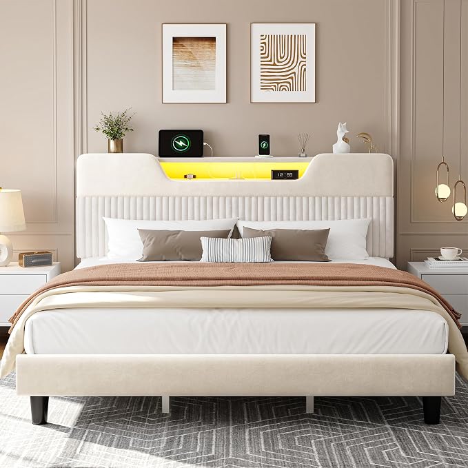 Homkdom King Bed Frame with Charging Station & Storage Headboard,White | 1USB-C & 2USB-A Charging, RGB LED Lights,7.78" Under-bed Storage,Velvet Upholstered Headboard,No Box Spring,Easy Assembly.
